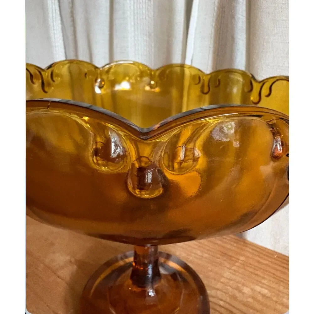 Vintage Indiana Glass Golden Amber Garland Teardrop Pedestal Bowl Compote